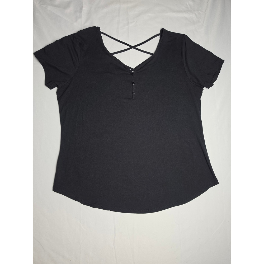 M Fasis Womens Black Crisscross V-Neck Henley Short Sleeve Top Size XL